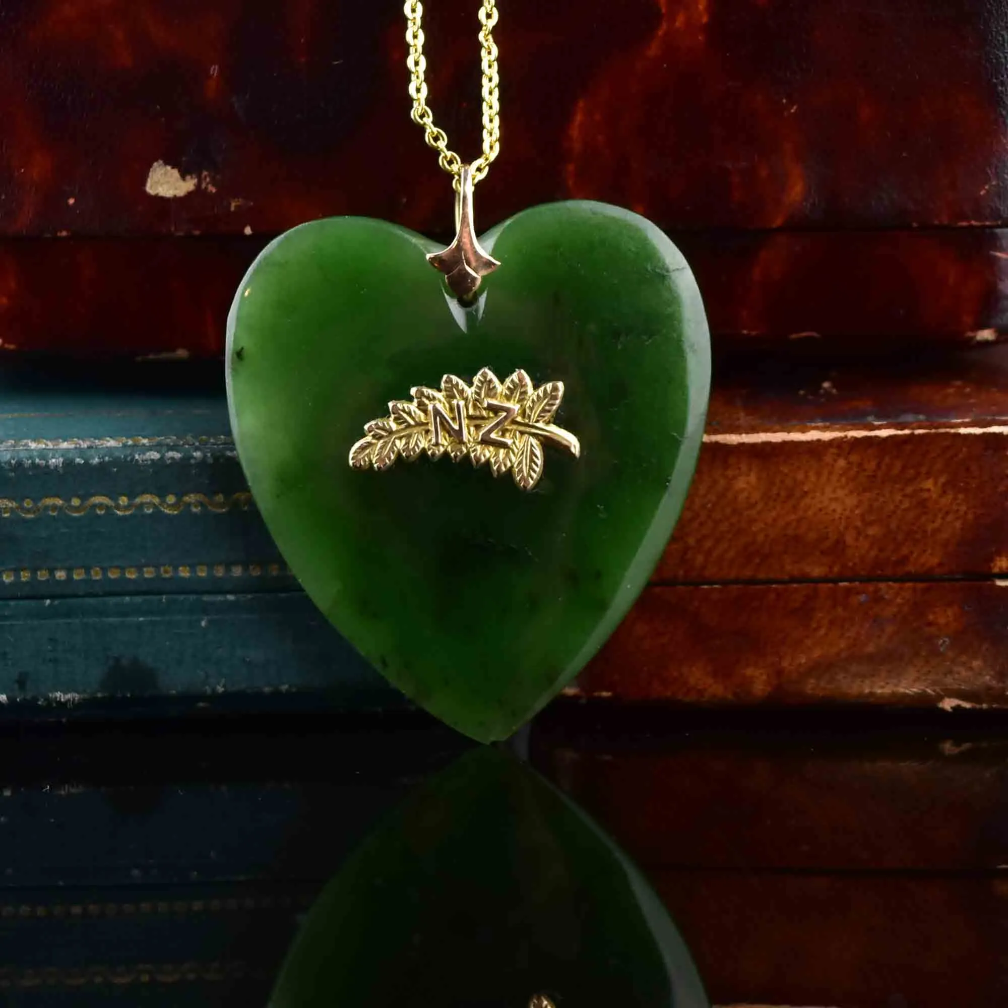 Gold Feather Maori Pounamu New Zealand Jade Heart Necklace