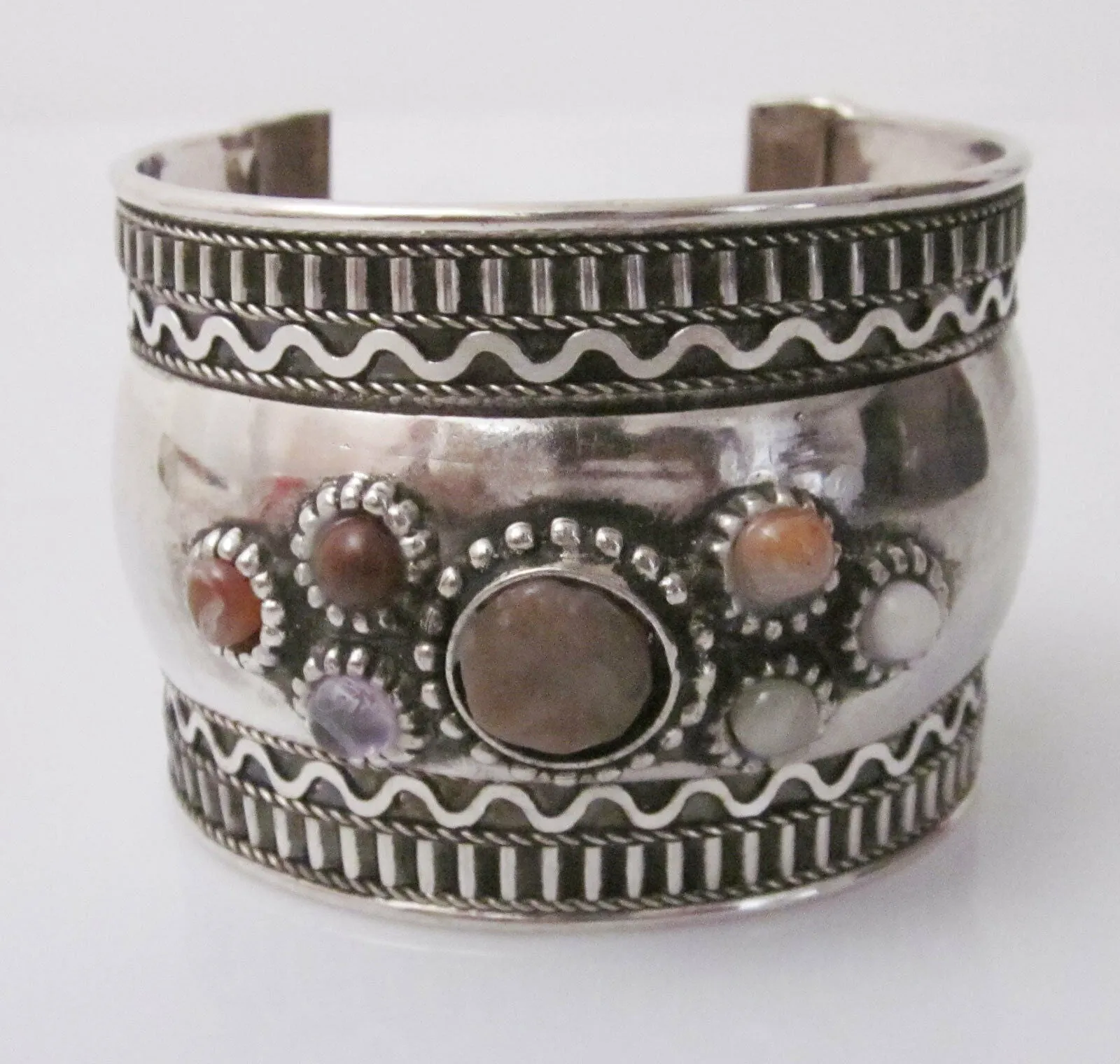 Gypsy Cuff Bracelet With Stones Boho Pastel Colored Natural Beautiful Rocks Mounted On Silver Tone Tribal Jewelry