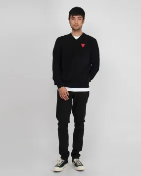 N074 DOUBLE RED  HEART V-NECK SWEATER / BLACK