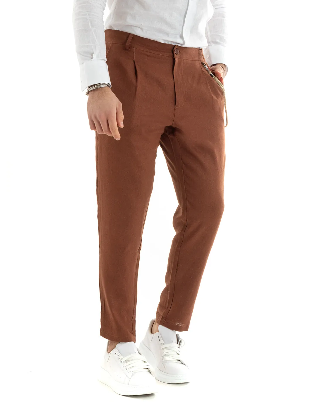 Pantaloni Uomo Lino Lungo Bottone Classico Casual Tinta Unita Ruggine GIOSAL-P5801A