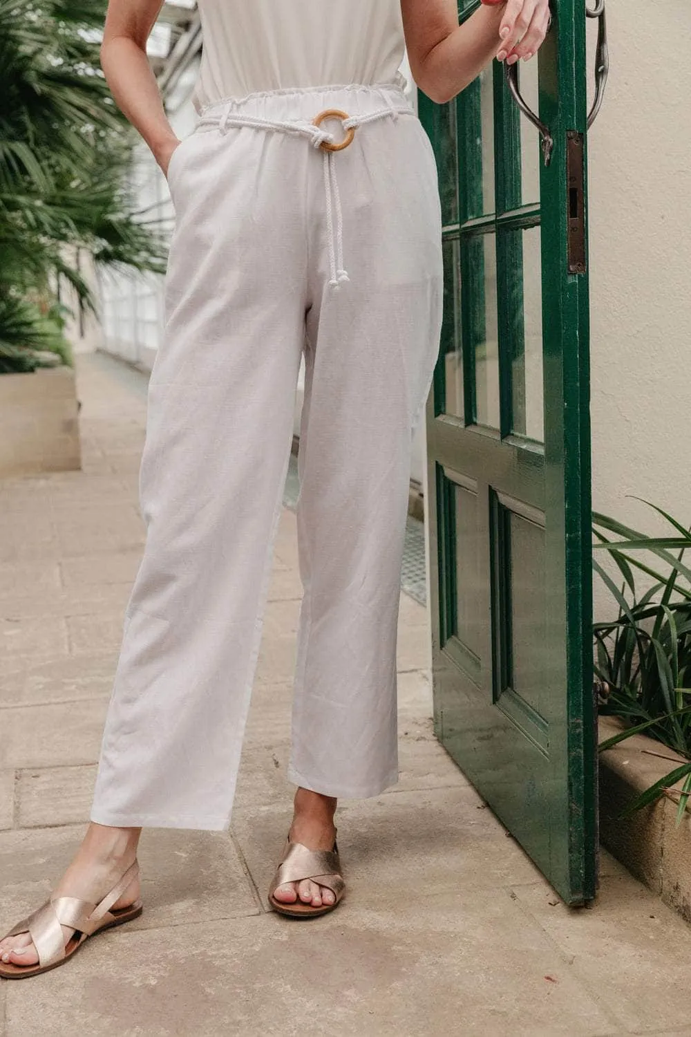 Saloos Linen Blend Trousers with Pockets & Rope Belt