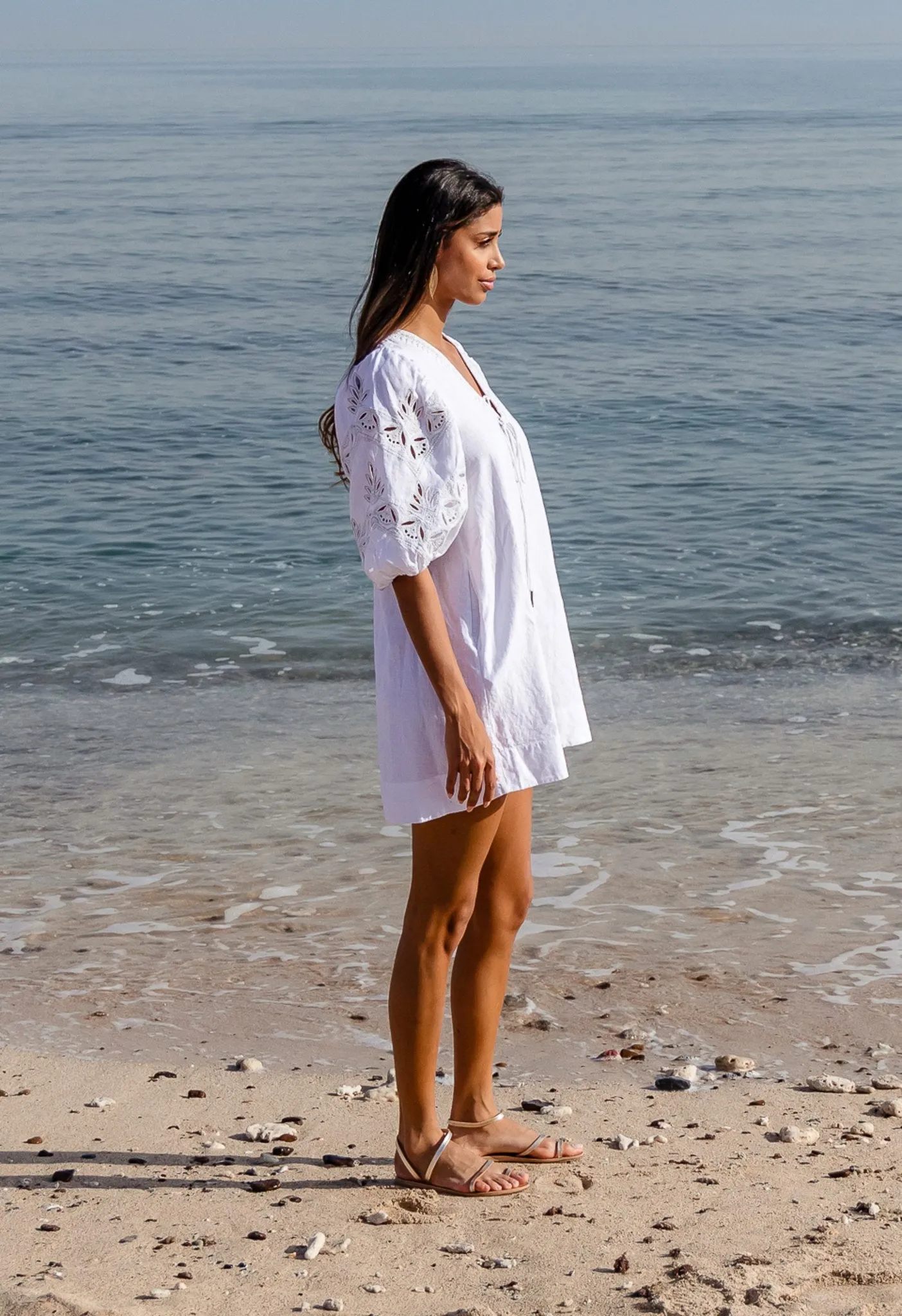 VALENTINA - EMBROIDERED VOLUME SLEEVE LINEN MINI DRESS